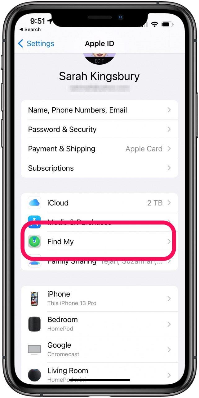 iphone find my phone settings