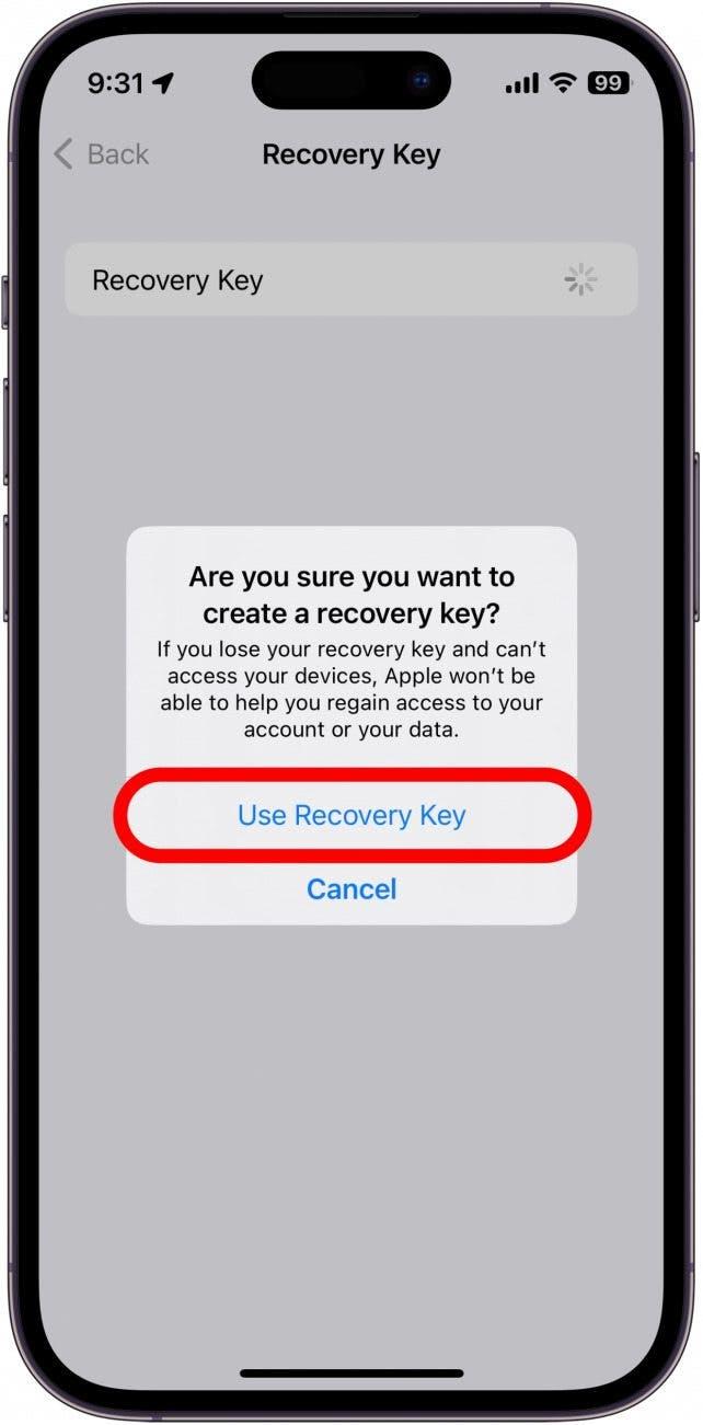 obrazovka klíče pro obnovení účtu iphone zobrazující vyskakovací okno s dotazem, zda si je uživatel jistý, že chce tuto funkci aktivovat, s červeným rámečkem kolem použití klíče pro obnovení