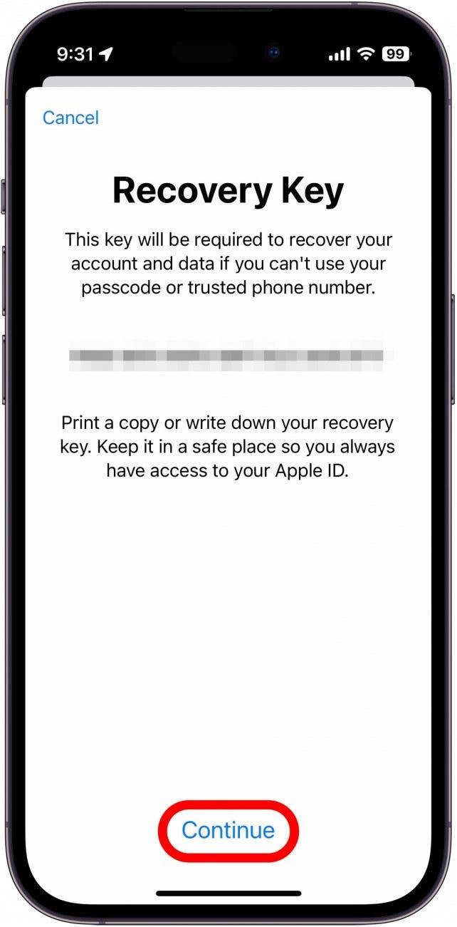 impostazione della chiave di recupero dell'account iphone che visualizza la chiave di recupero con un riquadro rosso intorno al pulsante continua