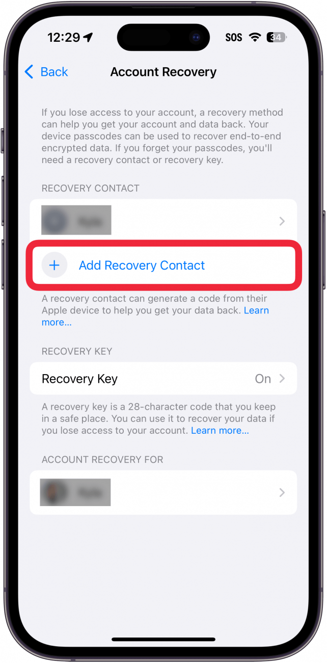 Paramètres de récupération du compte de l'identifiant Apple de l'iPhone avec un cadre rouge autour du bouton Ajouter un contact de récupération
