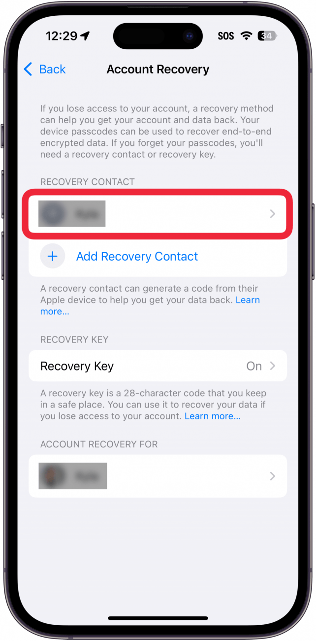 iphone apple id account recovery settings with a red box around contact name