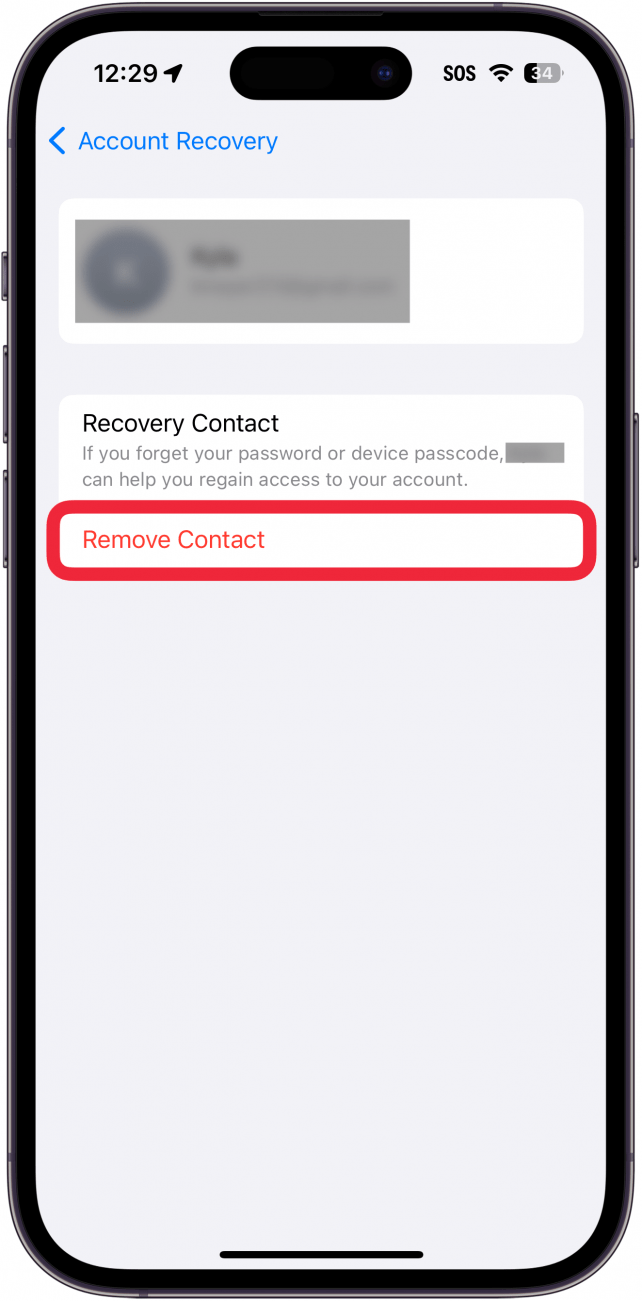 iphone apple id account recovery settings with a red box around remove contact button
