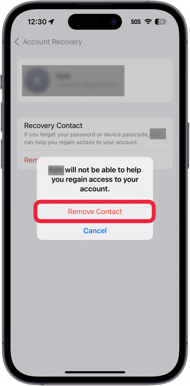 Paramètres de récupération de compte apple id pour iphone affichant une fenêtre de confirmation avec un encadré rouge autour du bouton de suppression du contact