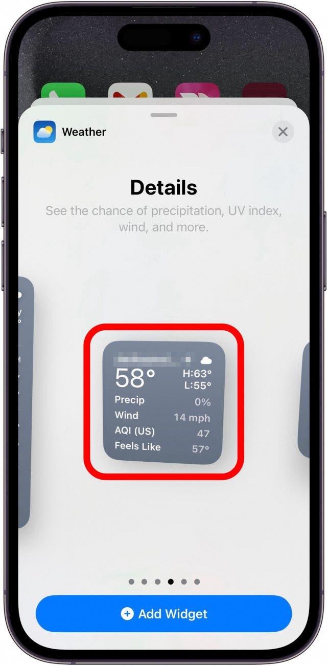 écran de sélection du widget météo pour iPhone avec un cadre rouge autour du widget des détails