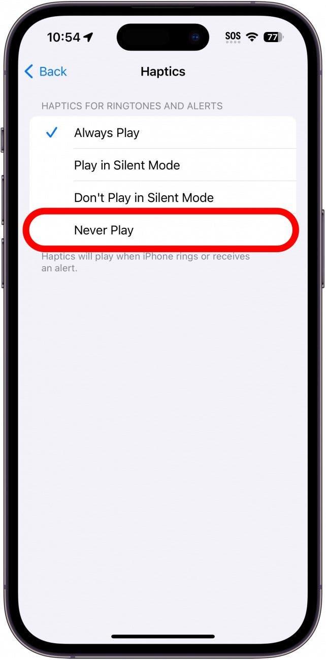 재생 안 함이 빨간색 원으로 표시된 iPhone 햅틱 설정