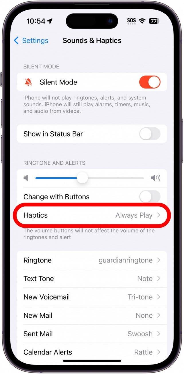definições de sons e hápticos do iphone com a opção háptica circulada a vermelho