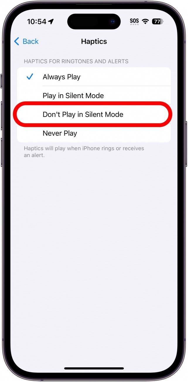 무음 모드에서 재생하지 않음이 빨간색 원으로 표시된 iPhone 햅틱 설정