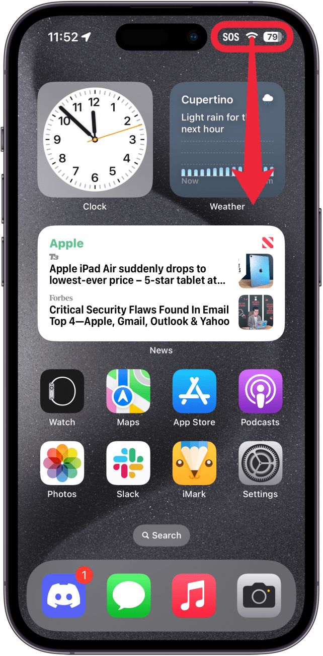 Écran d'accueil de l'iphone avec un cadre rouge autour du côté droit de la barre d'état et une flèche rouge pointant vers le bas, indiquant qu'il faut glisser vers le bas à partir du bord supérieur droit de l'écran.