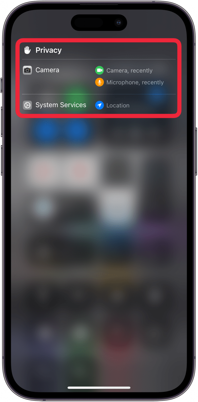iphone bedieningscentrum met privacyvenster dat weergeeft welke apps onlangs de camera, microfoon en locatie hebben gebruikt