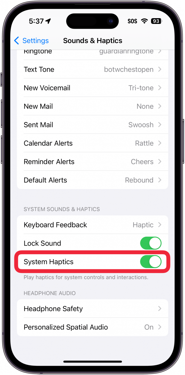 Réglages de l'iPhone pour les sons et les haptiques avec une boîte rouge autour de l'option haptique du système