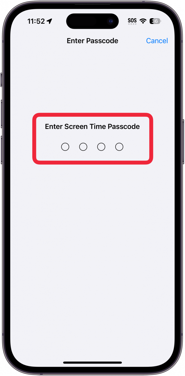iphone schermtijd wachtwoordscherm met een rood vak rond invoerveld