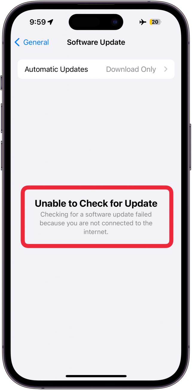 iPhone-softwareopdateringsskærm med en fejlmeddelelse, der siger, at der ikke kan søges efter en opdatering. Søgningen efter en softwareopdatering mislykkedes, fordi du ikke har forbindelse til internettet.