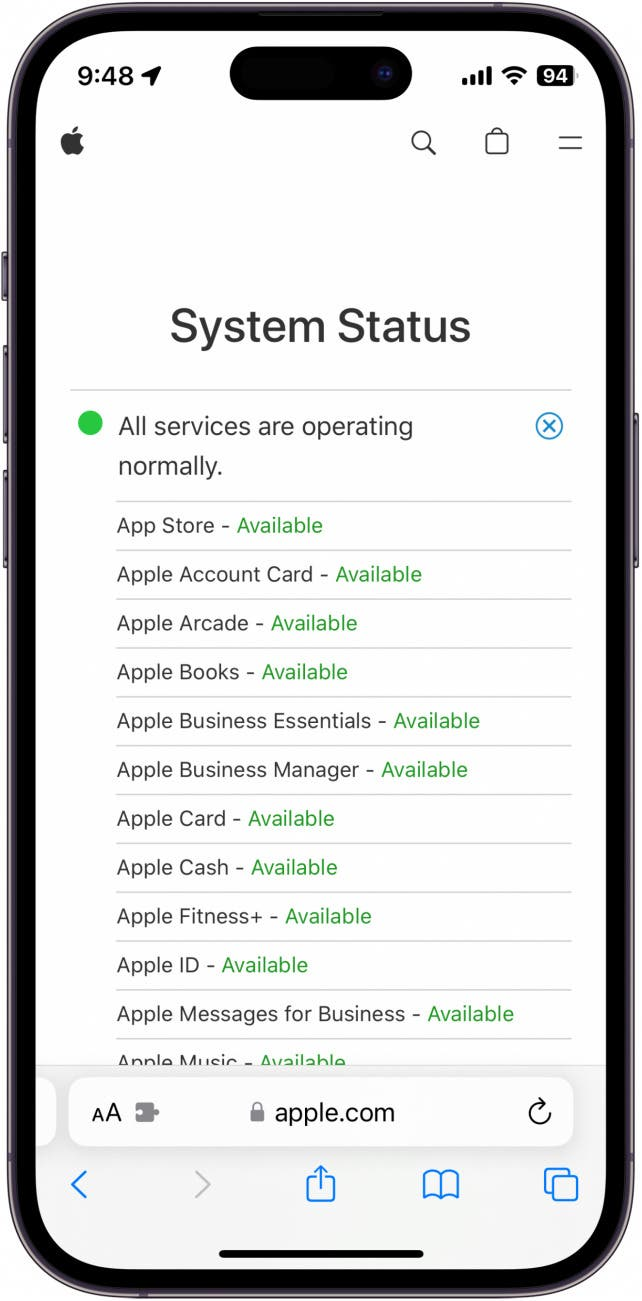Capture d'écran safari iphone affichant la page web de l'état du serveur d'Apple