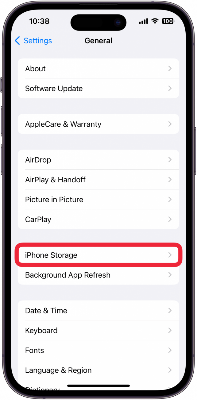 Réglages de l'iphone avec un encadré rouge autour du stockage de l'iphone