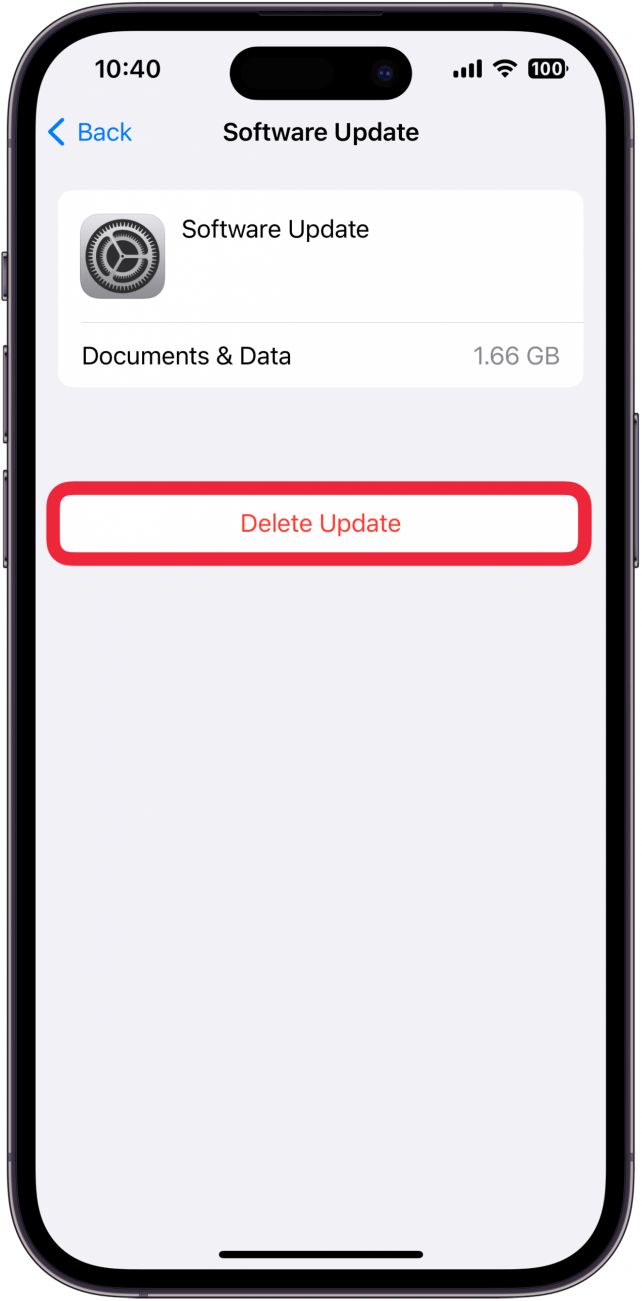 pantalla de gestión del almacenamiento del iphone para una actualización de software con el botón de eliminar actualización rodeado en rojo