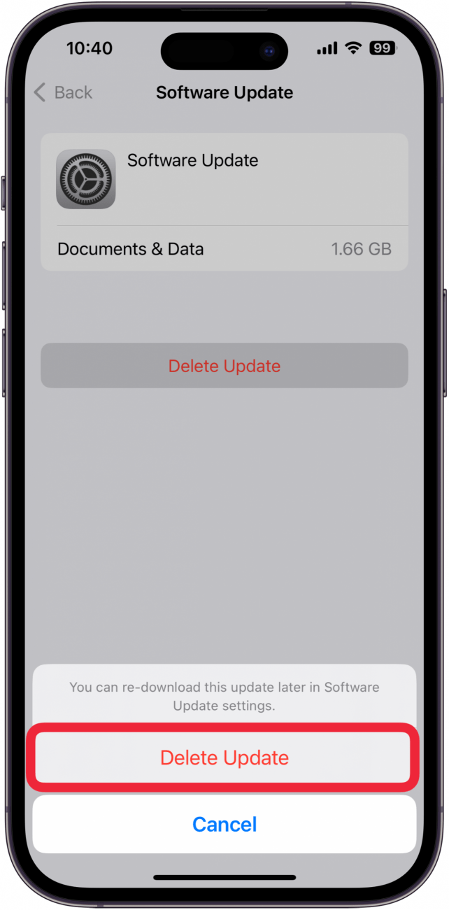 skjermbildet for håndtering av iphone-lagring for en programvareoppdatering med knappen for sletting av oppdatering innringet i rødt