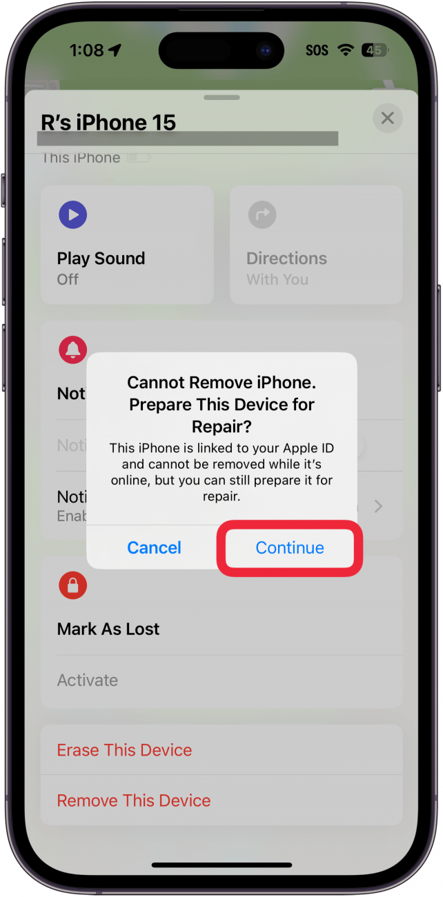 iphone find my app mit einem Pop-up-Fenster, das anzeigt, dass das Gerät nicht entfernt werden kann, aber zur Reparatur vorbereitet werden kann, mit einem roten Kasten um die Schaltfläche "Weiter