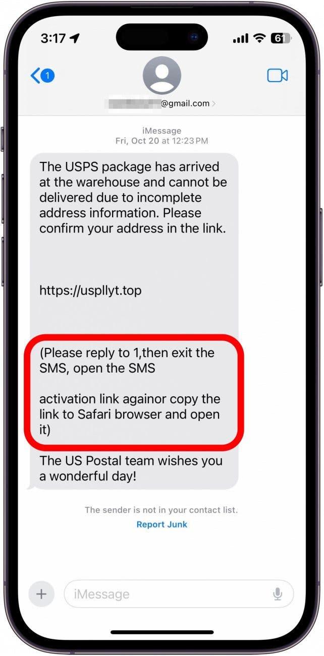 "Lütfen 1'i yanıtlayın, ardından SMS'ten çıkın, SMS aktivasyon bağlantısını tekrar açın veya bağlantıyı Safari tarayıcısına kopyalayıp açın" şeklinde kötü ifade edilmiş bir pasaj içeren iphone kısa mesajı