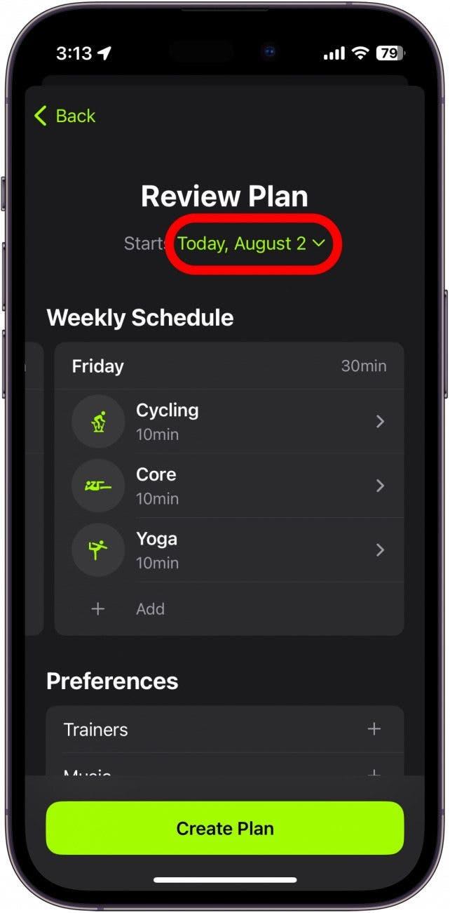apple fitness plus plan review avec la date de début encerclée en rouge