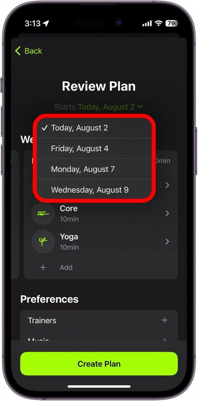 Revue du programme apple fitness plus avec les options de date de début encerclées en rouge
