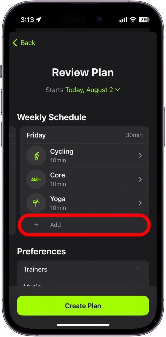 apple fitness plus review with add activity button circled in red (examen du programme apple fitness plus avec le bouton d'ajout d'activité entouré en rouge)