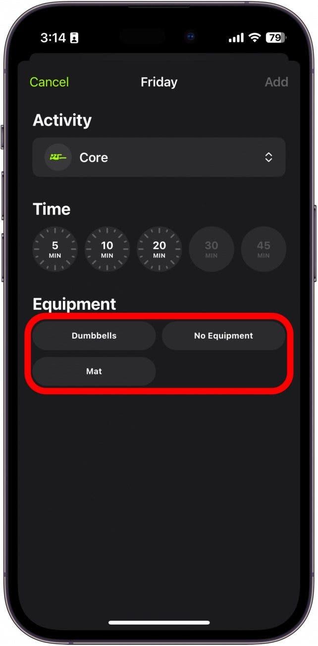apple fitness plus test plan avec options d'équipement entourées en rouge