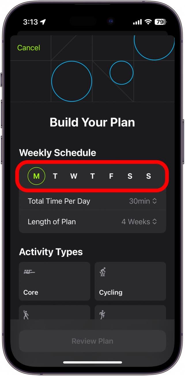 apple fitness plus plan builder with days of the week encled in red