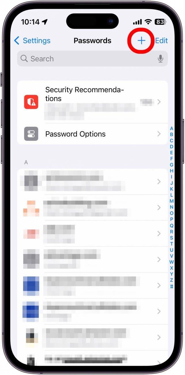Réglages des mots de passe sur iphone avec l'icône plus entourée en rouge