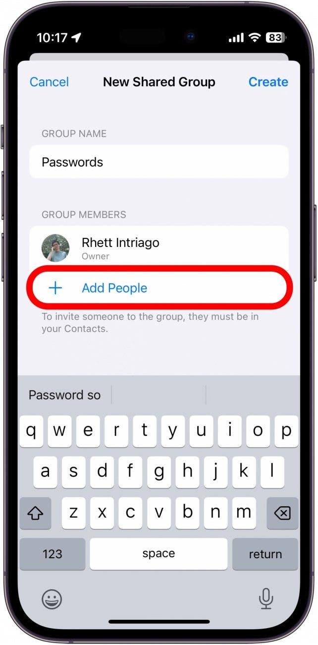 Créer un groupe de mots de passe partagés sur iphone avec le bouton Ajouter des personnes entouré en rouge