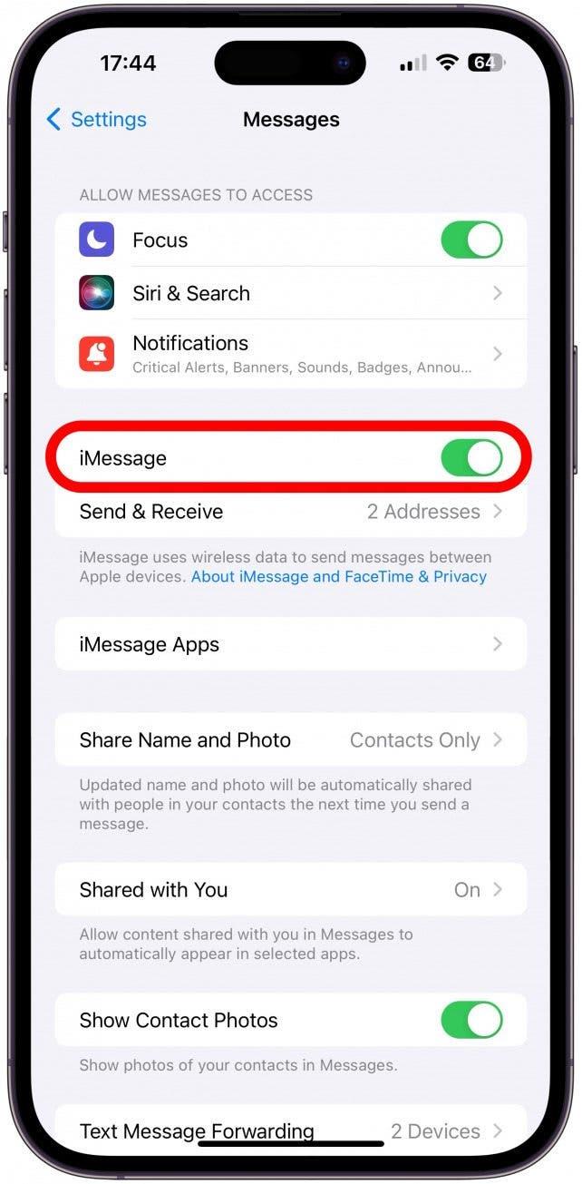 2) Si les photos de votre iPhone ne sont pas envoyées, activez iMessages.
