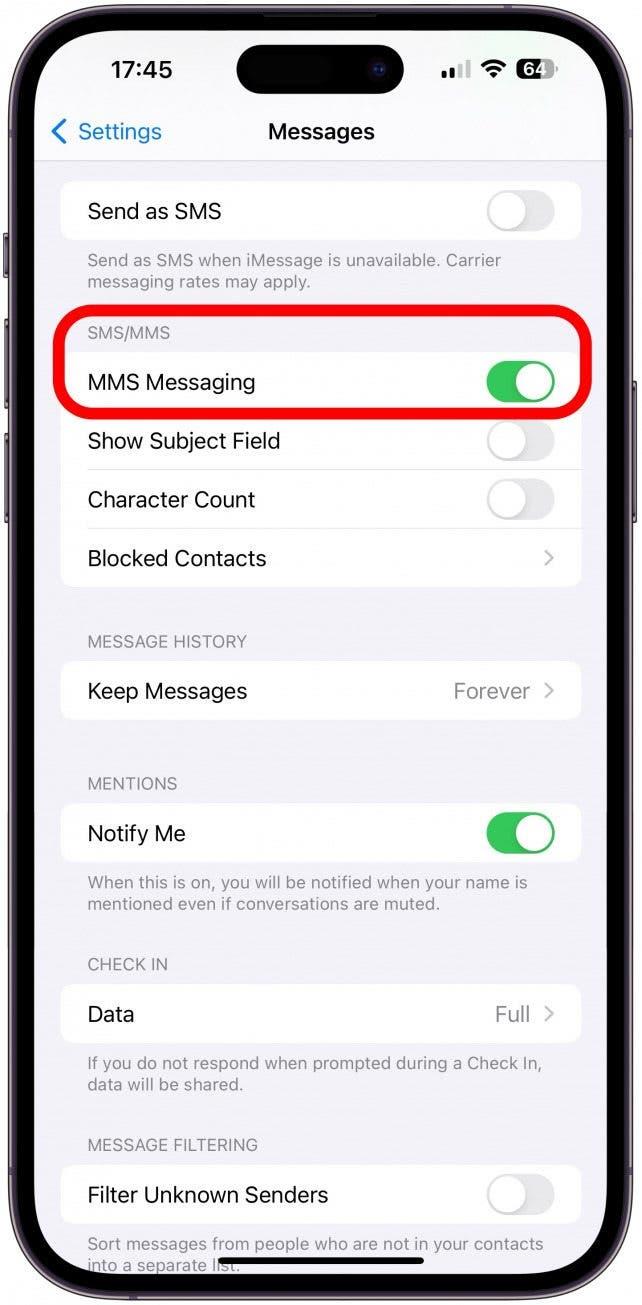 4) Si votre iPhone n'envoie pas de photos à Android, activez les MMS.